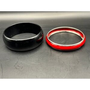 Bangle Bracelet Set Black‎ Red Dome Resin Silver Tone Statement Jewelry